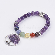 Chakra Jewelry Natural Gemstone Beads and Amethyst Charm Bracelet, with Tibetan Style Beads, Flat Round with Tree of Life, 2 inch(50mm)(BJEW-JB03608-06)