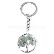 Natural Green Aventurine Chips Chakra Keychain, with Platinum Plated Stainless Steel Split Key Rings, Flat Round with Tree, 90mm(G-N0326-003F)