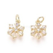Brass Charms, with Clear Cubic Zirconia and Jump Rings, Snowflake, Golden, 11x8x2.5mm, Hole: 2mm(ZIRC-L087-045G)