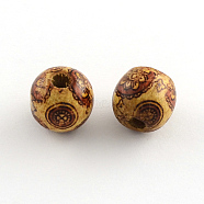 Round Printed Natural Maple Wood Beads, Macrame Beads Large Hole, Sienna, 16x15mm, Hole: 5mm(X-WOOD-R243-16mm-B04)
