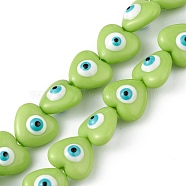 Evil Eye Resin Beads Strands, Heart, Lawn Green, 12.5x14x9mm, Hole: 1.8mm, about 30pcs/strand, 14.25 inch(36.2cm)(RESI-F040-01I)