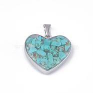 Natural Howlite Pendants, Dyed & Heated, with Glass and 304 Stainless Steel Findings, Heart, Stainless Steel Color, 19x21x6mm, Hole: 3x5.5mm(STAS-T043-01G)