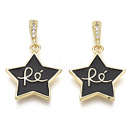 Brass Micro Pave Cubic Zirconia Pendants, with Enamel, Nickel Free, Star with Word Re, Real 16K Gold Plated, Black, 21x18.5x2mm, Hole: 2.5mm(ZIRC-T014-015C-NF)