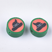Halloween Theme Handmade Polymer Clay Beads, Flat Round with Witch Hat, Green, 10x5mm, Hole: 1.4mm