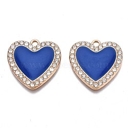 Rack Plating Alloy Enamel Pendants, with Crystal Rhinestone, Cadmium Free & Nickel Free & Lead Free, Light Gold, Heart, Medium Blue, 21x21x2.5mm, Hole: 1.8mm(ENAM-S126-141A)