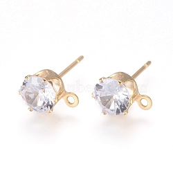 Brass Stud Earring Findings, with 316 Surgical Stainless Steel Pin, Cubic Zirconia and Loop, Long-Lasting Plated, Flat Round, Real 14K Gold Plated, Clear, 8x6x5.5mm, Hole: 1mm, Pin: 0.7mm(KK-L199-B01-G)