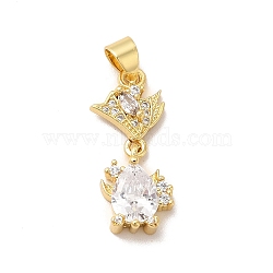 Rack Plating Brass Micro Pave Cubic Zirconia Pendants, Cadmium Free & Lead Free, Long-Lasting, Flower & Teartrop, Clear, 24x10x7mm, Hole: 3x5mm(KK-B068-21G-03)