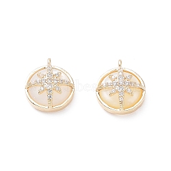Rack Plating Brass Shell Pendants, with Cubic Zirconia, Long-Lasting Plated, Flat Round with Star Charms, Real 18K Gold Plated, 14x11.5x5mm, Hole: 1.2mm(KK-A183-47G)