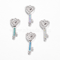Brass Micro Pave Cubic Zirconia Links, with Synthetic Opal, Heart Key, Platinum, Mixed Color, 20x8x2mm, Hole: 1mm(KK-L161-30P)
