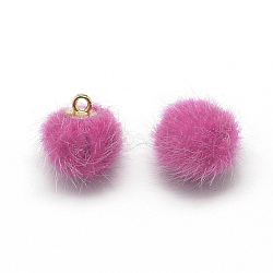 Faux Mink Fur Covered Charms, with Golden Tone Brass Findings, Round, Hot Pink, 12~14x10mm, Hole: 1.5mm(X-WOVE-S084-36K)