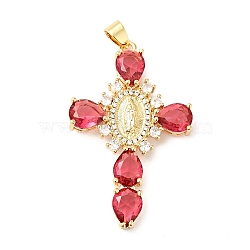 Rack Plating Brass Micro Pave Cubic Zirconia Pendants, Cadmium Free & Lead Free, Real 18K Gold Plated, Cross with Saint, Salmon, 45.5x29x6mm, Hole: 4x6mm(X-ZIRC-I059-15G-01)