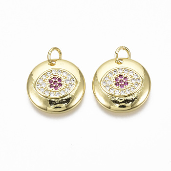Brass Micro Pave Cubic Zirconia Pendants, with Jump Ring,  Nickel Free, Flat Round, Colorful, Real 18K Gold Plated, Camellia, 15x2.5mm, Hole: 3mm