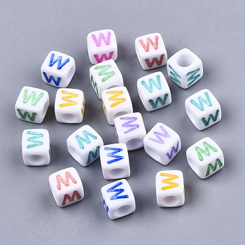 Opaque White Acrylic Beads, with Enamel, Horizontal Hole, Cube with Mixed Color Letter, Letter.W, 6x6x6mm, Hole: 3mm