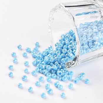 12/0 Glass Seed Beads, Opaque Colors Lustered, Round, Round Hole, Light Cyan, 12/0, 2mm, Hole: 1mm, about 3333pcs/50g, 50g/bag, 18bags/2pounds