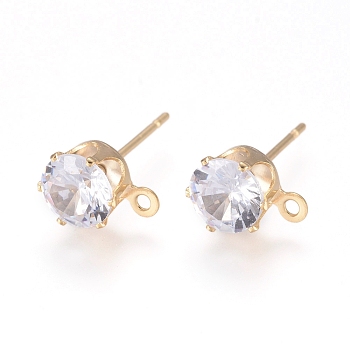 Brass Stud Earring Findings, with 316 Surgical Stainless Steel Pin, Cubic Zirconia and Loop, Long-Lasting Plated, Flat Round, Real 14K Gold Plated, Clear, 8x6x5.5mm, Hole: 1mm, Pin: 0.7mm