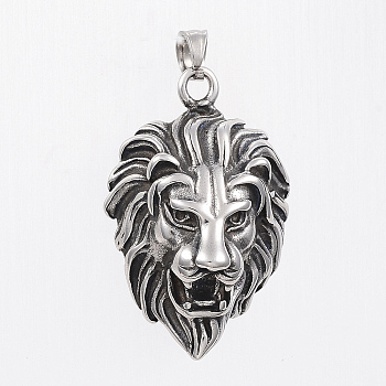 304 Stainless Steel Pendants, Lion, Antique Silver, 41.5x27x16mm, Hole: 9x4mm