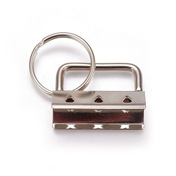 Electroplate Iron Split Key Rings, Keychain Clasp Findings, with Ribbon Ends, Platinum, End: 24x32.5x14mm, Ring: 24x2.5mm