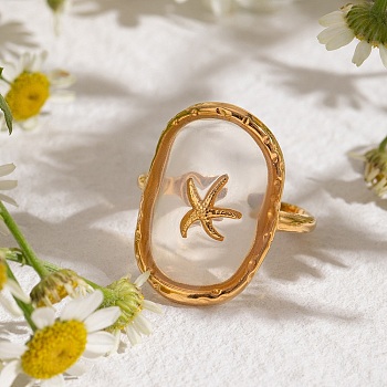 304 Stainless Steel Resin Cuff Rings for Women, Starfish, Real 18K Gold Plated, 22.5mm