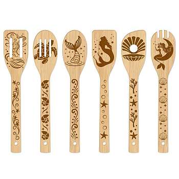 6Pcs Bamboo Spoons & Knifes & Forks, Flatware for Dessert, Mermaid Pattern, 60x300mm, 6 style, 1pc/style, 6pcs/set