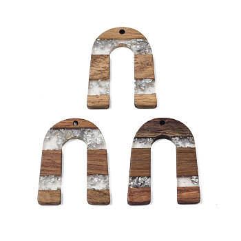 Transparent Resin & Waxed Walnut Wood Pendants, with Foil, Arch, Silver, 36.5x28x3mm, Hole: 2mm