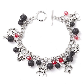 Halloween Natural Lava Rock and Glass Cable Chains Charm Bracelets, with Alloy Spider Skull Skeleton Pendants and Toggle Clasps, 7-1/2 inch(19.2cm)