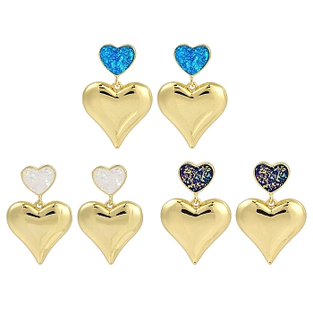 Rack Plating Heart Brass Dangle Stud Earrings, with Synthetic Opal, Cadmium Free & Lead Free, Long-Lasting Plated, Mixed Color, Real 18K Gold Plated, 27x18.5mm