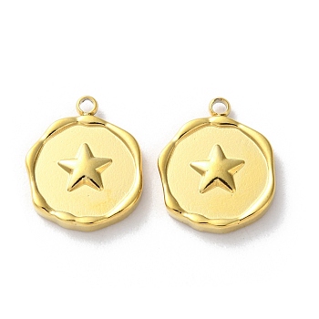 Ion Plating(IP) 304 Stainless Steel Pendants, Flat Round Charm, Real 18K Gold Plated, Star, 15.5x12.5x2.5mm, Hole: 1.6mm