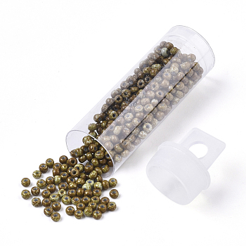 Czech Glass Beads, Round Glass Seed Beads, Baking Paint Style, Dark Khaki, 8/0, 3x2mm, Hole: 1mm, about 10g/bottle