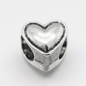 Alloy Heart Large Hole European Beads, Antique Silver, 8x8x7mm, Hole: 4mm