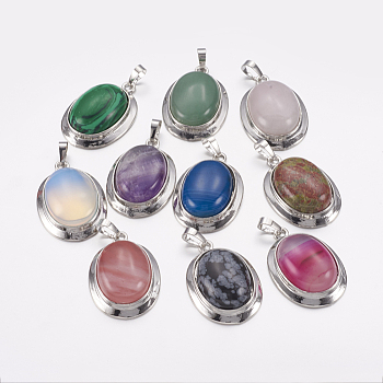 Natural & Synthetic Gemstone Pendants, with Platinum Tone Alloy Findings, Oval, 37x25x10mm, Hole: 4x8mm