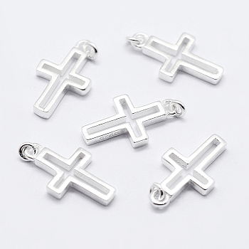 925 Sterling Silver Pendants, Cross Charms, with 925 Stamp, Silver, 12.5x7x1.4mm, Hole: 1.8mm