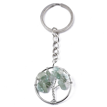 Natural Green Aventurine Chips Chakra Keychain, with Platinum Plated Stainless Steel Split Key Rings, Flat Round with Tree, 90mm