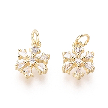 Brass Charms, with Clear Cubic Zirconia and Jump Rings, Snowflake, Golden, 11x8x2.5mm, Hole: 2mm