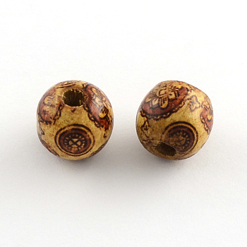 Round Printed Natural Maple Wood Beads, Macrame Beads Large Hole, Sienna, 16x15mm, Hole: 5mm