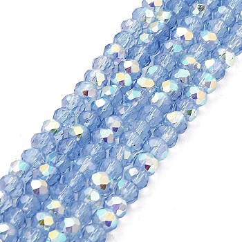 Baking Painted Transparent Glass Beads Strands, Imitation Opalite, Faceted, AB Color Plated, Round, Light Blue, 4.5x4mm, Hole: 0.9mm, about 113~115pcs/strand, 41~42cm