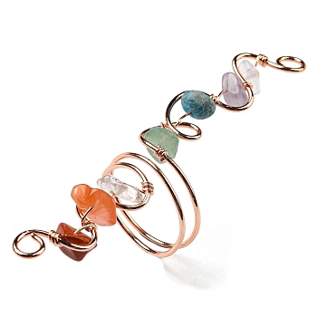 Natural Mixed Gemstone Chips Wide Ring, Rack Plating Brass Wire Wrap Chakra Ring, Rose Gold, Inner Diameter: 17mm