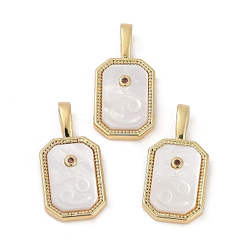 Rack Plating Brass Micro Pave Cubic Zirconia Pendants, with Shell, Long-Lasting Plated, Lead Free & Cadmium Free, Real 18K Gold Plated, Sheild with Twelve Constellations, Cancer, 20.5x10x2.5mm, Hole: 4.5x2mm