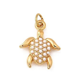 304 Stainless Steel ABS Imitation Pearl Pendants, Ocean Collection Charms, Ion Plating(IP), Real 18K Gold Plated, with Jump Ring, Tortoise, 14.5x11.5x4mm, Hole: 2.4mm