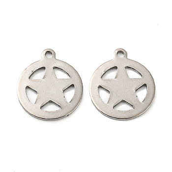 201 Stainless Steel Charms, Flat Round with Star Charm, Stainless Steel Color, 14x12x0.8mm, Hole: 1.2mm