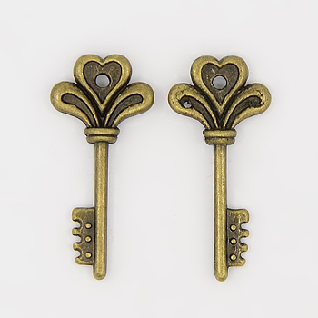 Tibetan Style Alloy Pendants, Lead Free, Nickel Free and Cadmium Free, Skeleton Key, Antique Bronze, 29x14x3mm, hole: 2mm