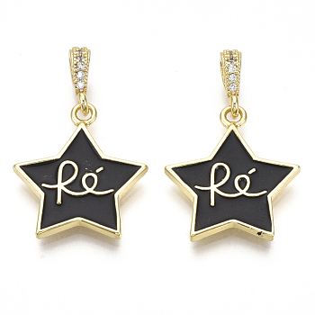 Brass Micro Pave Cubic Zirconia Pendants, with Enamel, Nickel Free, Star with Word Re, Real 16K Gold Plated, Black, 21x18.5x2mm, Hole: 2.5mm