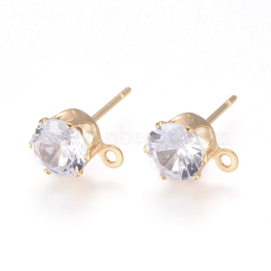 Real 14K Gold Plated Clear Flat Round Brass+Cubic Zirconia Stud Earring Findings