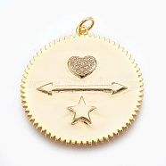 Brass Micro Pave Cubic Zirconia Pendants, Long-Lasting Plated, Flat Round with Heart and Star, Lead Free & Nickel Free & Cadmium Free, Clear, Real 18K Gold Plated, 35x32x2mm, Hole: 3mm(ZIRC-O026-25G-NR)