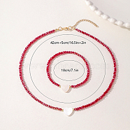 Glass Beaded Stretch Bracelets & Beaded Necklaces, Real 18K Gold Plated Jewelry Sets for Women, Red, 420mm(SS0956-4)