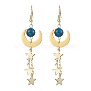 Brass Dangle Earring, with Natural Tiger Eye and 304 Stainless Steel Charms, Moon & Star, Golden, 74.5x19.5mm(EJEW-TA00479)