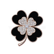 Cubic Zirconia Clover Brooch Pin, Gold Plated Brass Badge for Jackets Hats Bags, Black, 40x35mm(CLOV-PW0001-058)