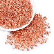 6/0 Transparent Inside Colours Glass Seed Beads, Triangle, Coral, 3.5x3.5x3.5mm, Hole: 0.9mm, about 4500pcs/pound(SEED-N006-003G)