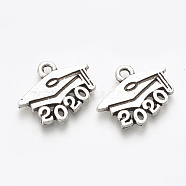 Tibetan Style Alloy Pendants, Graduation Trencher Cap with New Year 2020, Lead Free & Cadmium Free, Antique Silver, 15x18x1.5mm, Hole: 1.5mm(X-TIBE-T010-28AS-RS)