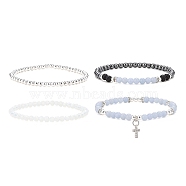 4Pcs 4 Style Natural Angelite & Lava Rock & Opalite Round Beaded Stretch Bracelets Set, Clear Cubic Zirconia Cross Charm Stackable Bracelets for Women, Mixed Color, Inner Diameter: 2~2-1/4 inch(5.05~5.6cm), 1Pc/style(BJEW-JB09083)