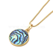 Rack Plating Natural Paua Shell Pendants Necklace, Brass Box Chain Necklaces, Flat Round, 17.72 inch(45cm), Pendant: 20.5~22x18mm(NJEW-B104-01G-01G)